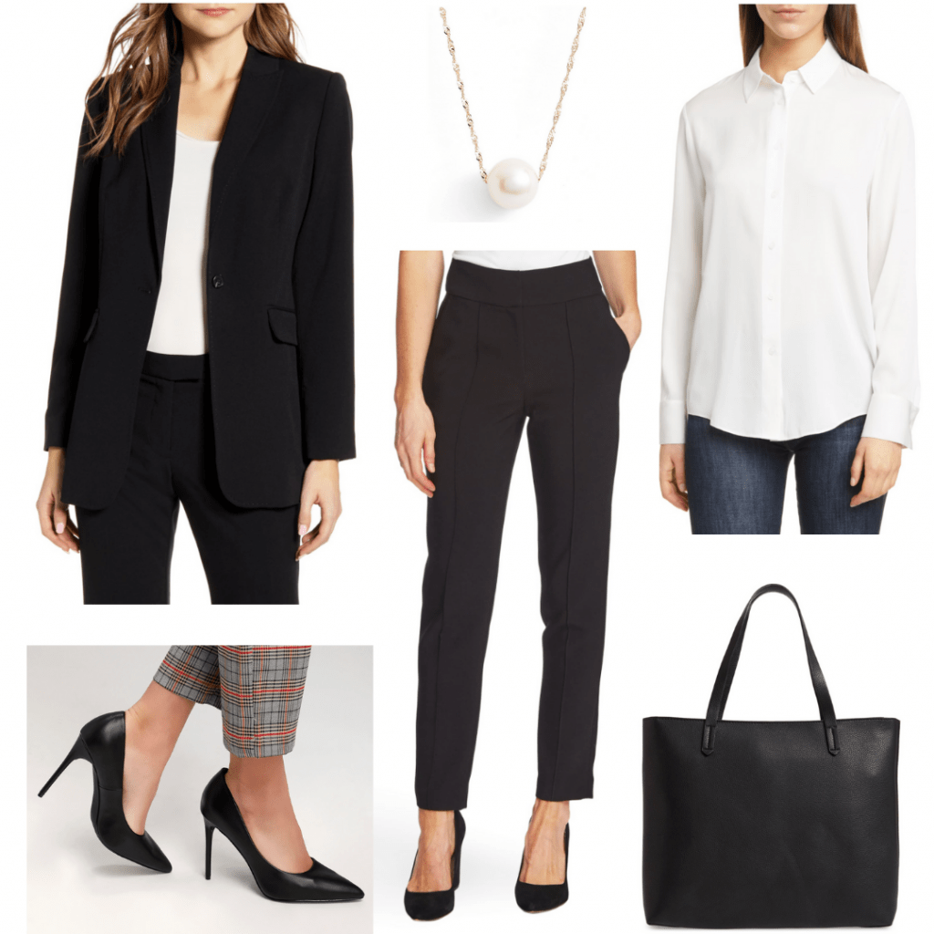 Conservative interview outfit: Black dress pants, black blazer, white button-down shirt, black tote, black heels, pearl necklace