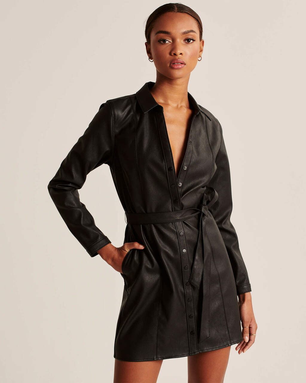 Black Faux Leather Shirt Dress 