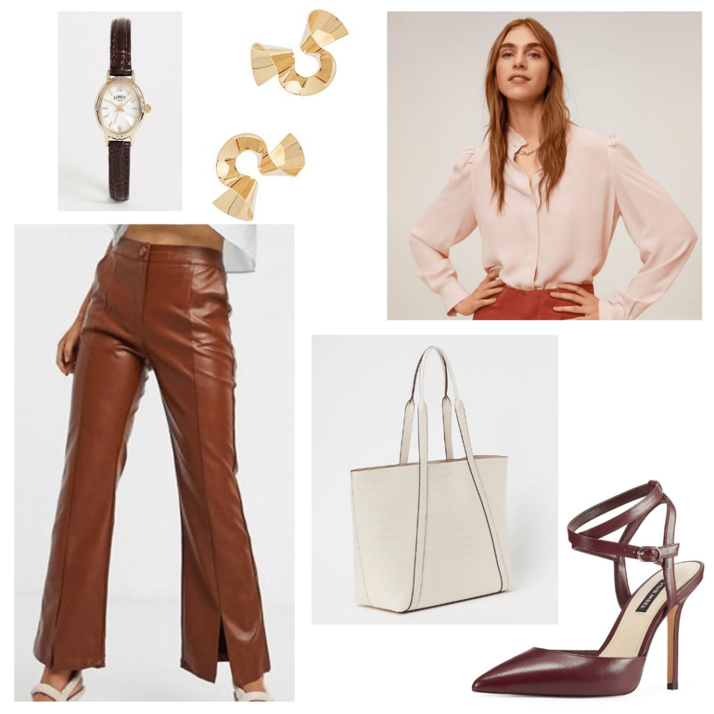 Public office outfit idea: Wide leg leather trousers, blush pink blouse, watch, statement earrings, white tote