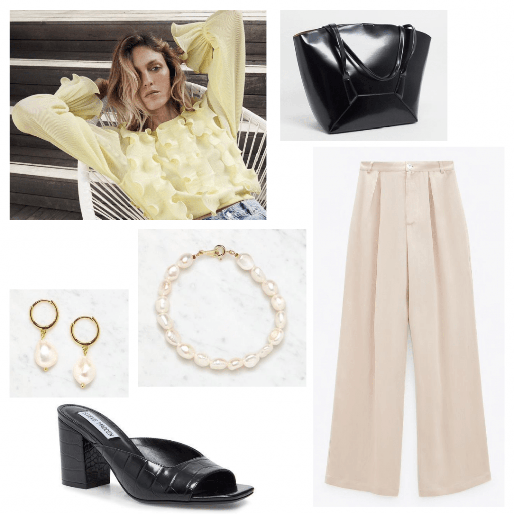 Arts and architecture job interview outfit: Pastel yellow blouse, black architectural purse, wide leg beige trousers, pearl accessories, black heels