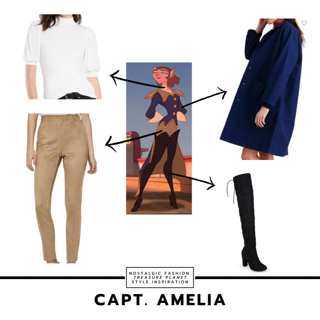 Fashion inspired by Amelia from Treasure Planet - brown pants, over the knee boots, navy blue coat, white turtleneck