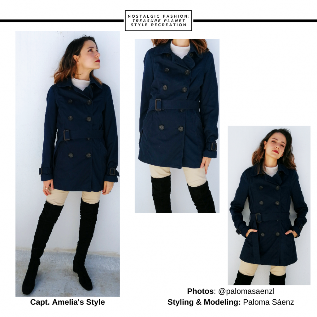 Outfit inspired by Captain Amelia from Treasure Planet -- black over-the-knee boots, navy blue coat, tan pants