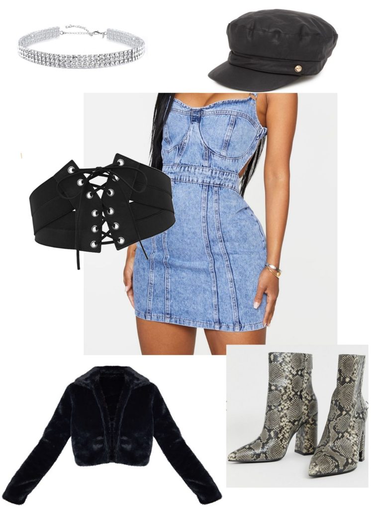 Bratz halloween costume: Denim dress, leather hat, belt, choker, snakeskin boots