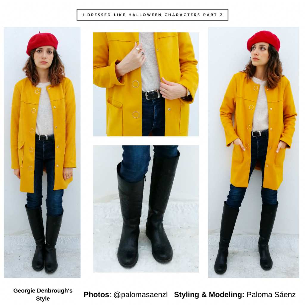 Outfit inspired by Georgie Denbrough from It with yellow coat, jeans, rain boots, red hat