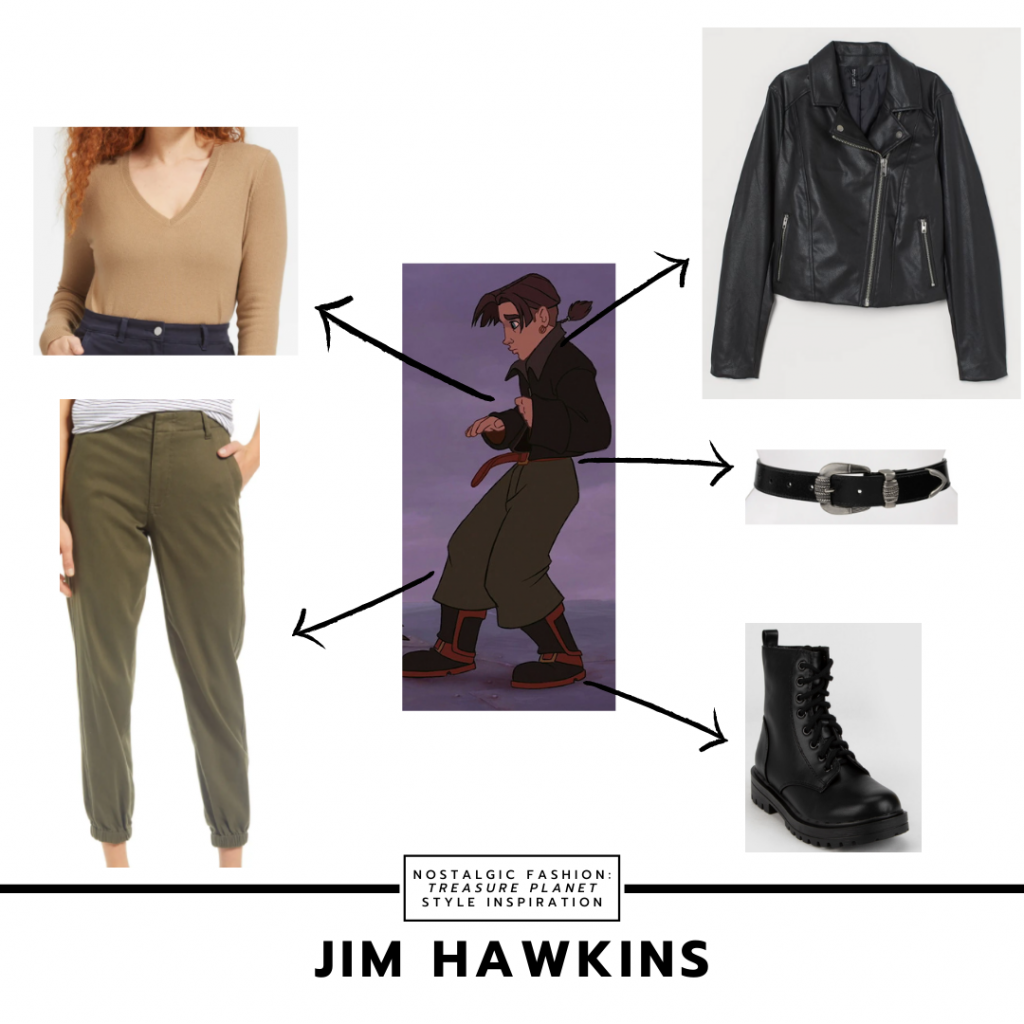 Outfit inspired by Jim from Treasure Planet with green pants, black leather jacket, nude v-neck bodysuit, combat boots