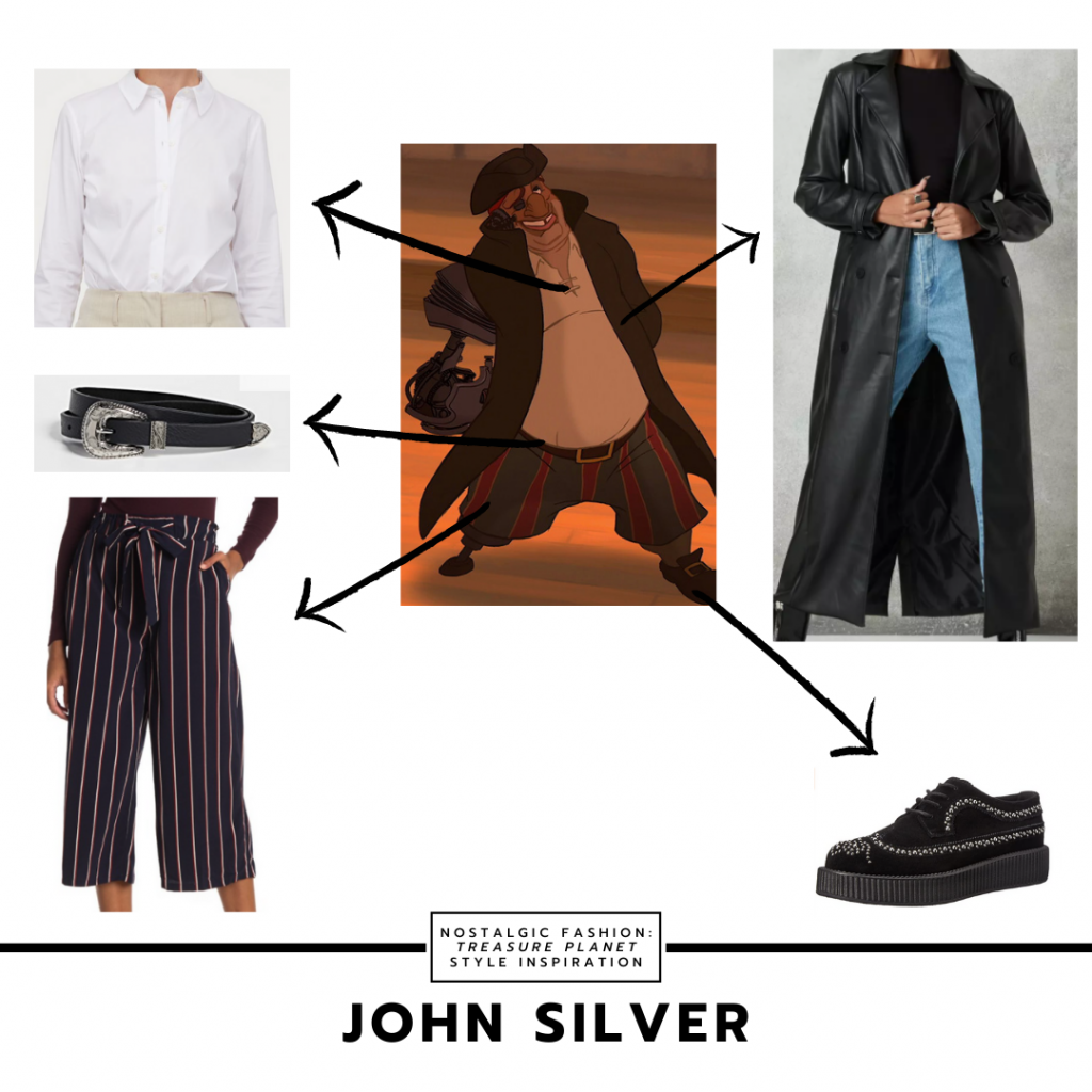 Fashion inspired by John Silver from Treasure Planet -- striped pants, black leather trench coat, white button-down shirt, creepers