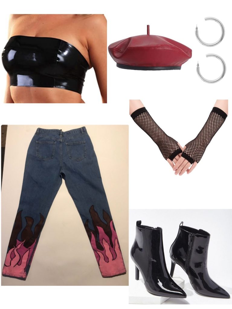 Bratz costume idea inspired by Jade with flame jeans, spike boots, leather beret, tube top, hoops