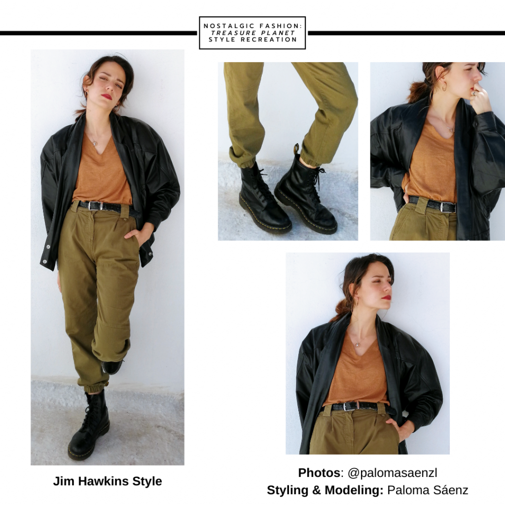 Fashion inspired by Jim Hawkins from Treasure Planet -- outfit with dark green pants, camel v-neck shirt, bomber jacket, combat boots