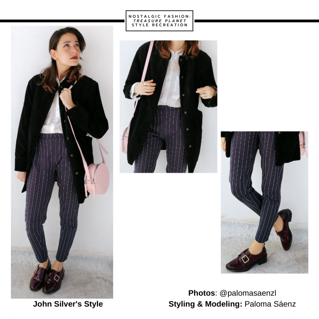 Outfit inspired by John Silver from Treasure planet - striped pants, black jacket, white tee, loafers, crossbody