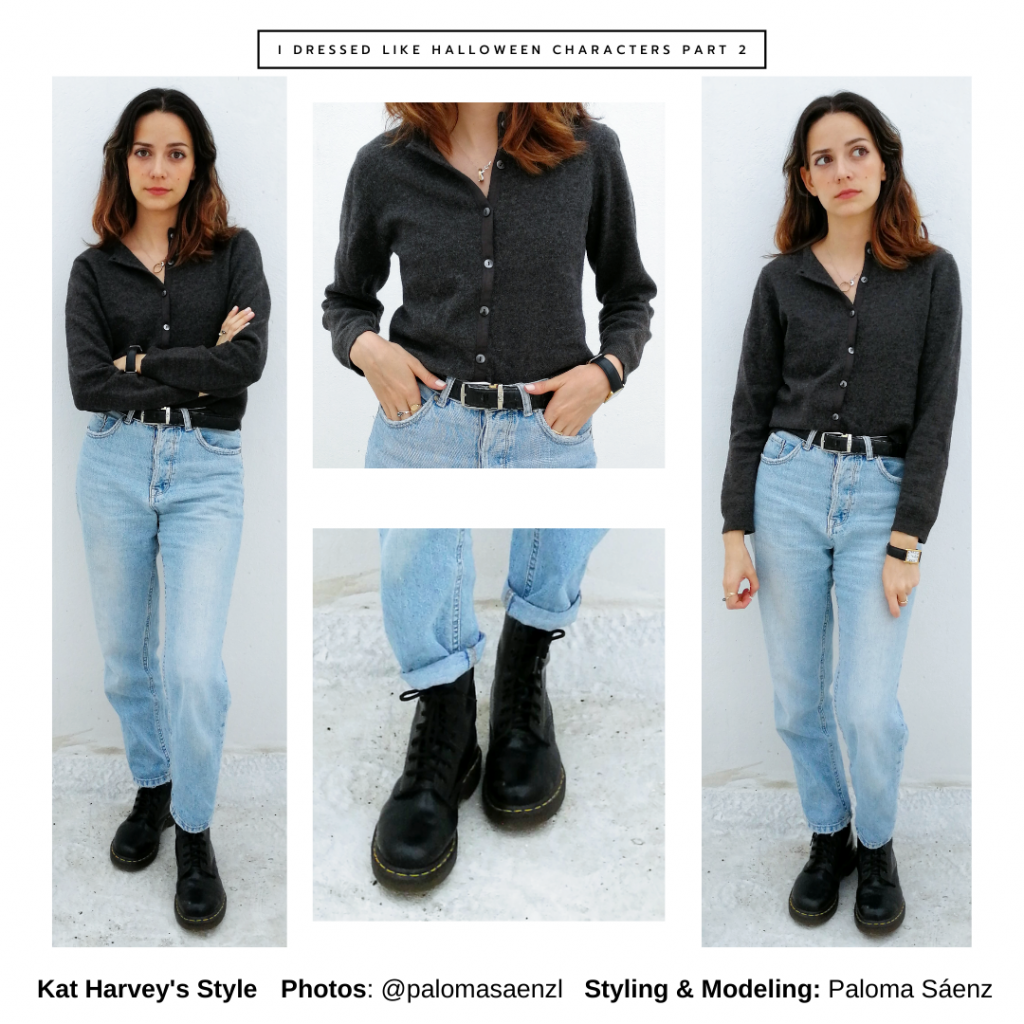 Halloween outfit inspired by Kat Harvey from Casper with mom jeans, combat boots, button-down shirt, belt