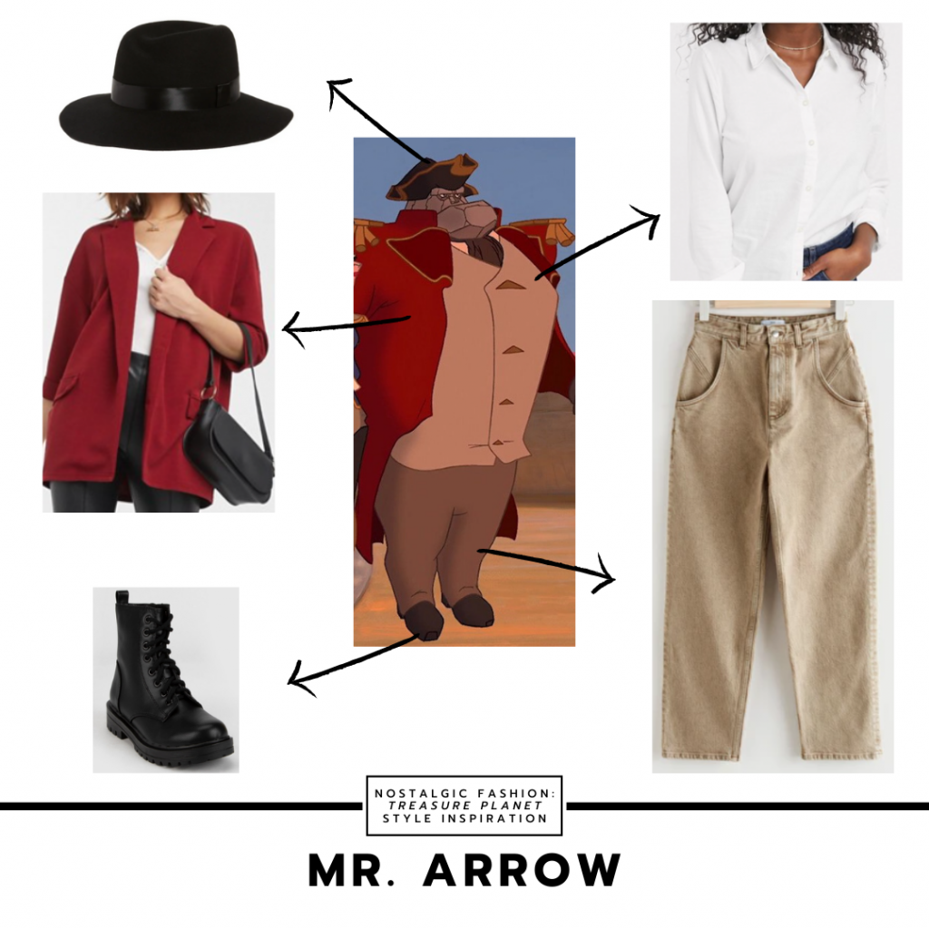 Fashion inspired by Mr. Arrow from Treasure Planet -- red oversized sweater, white button down shirt, black hat, combat boots, beige mom jeans