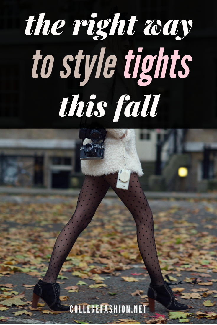 Header image - woman wearing an outfit with tights with the text: the right way to style tights this fall