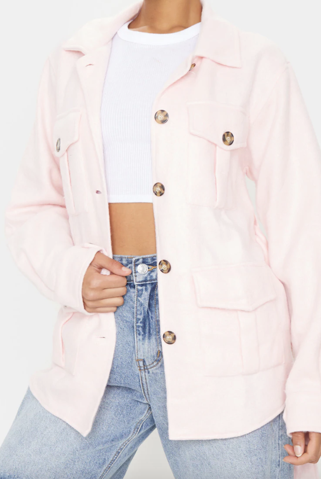 cute shacket outfits - Pale pink belted dipped shacket from Pretty Little Thing