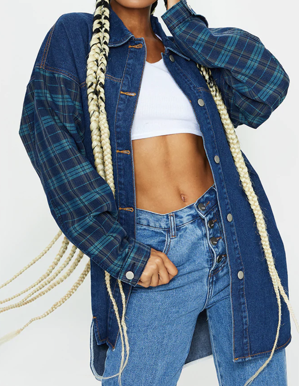 Dark blue wash denim and check oversized shacket from Pretty Little Thing