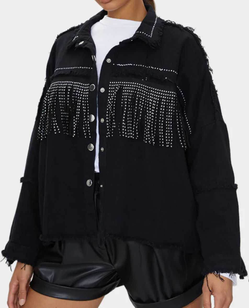 Black fringe studded denim shacket from Pretty Little Thing