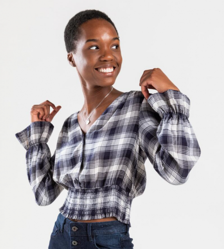 Francesca's Aria Smocked Plaid Blouse