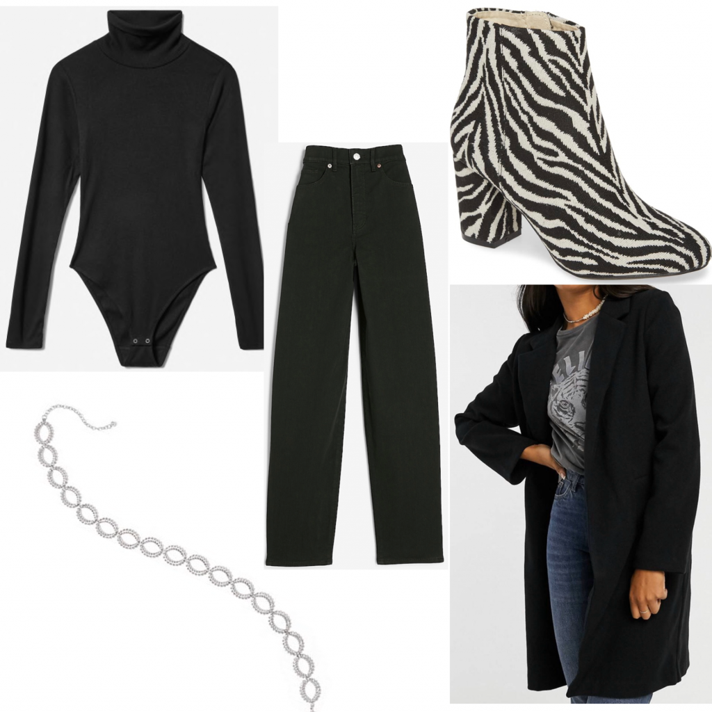 Photo of an outfit set with a black bodysuit and zebra print boots