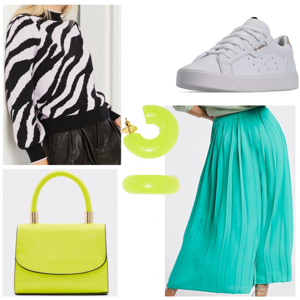 How to wear the zebra print fashion trend: Photo of an outfit set with a zebra print sweater and teal skirt