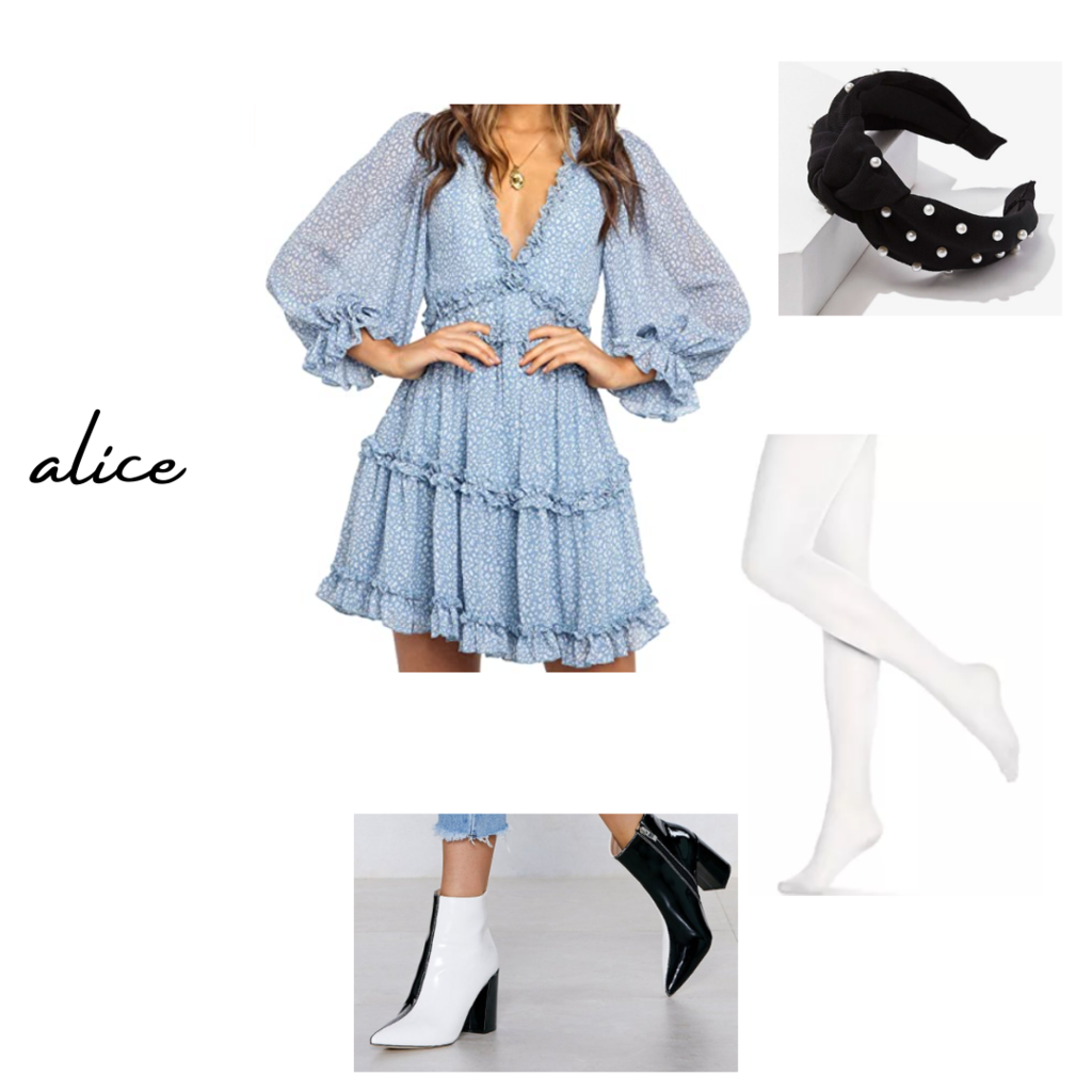 live-action disney alice in wonderland inspired fall outfit set: blue peasant dress, black headband with pearls, white tights, black and white booties