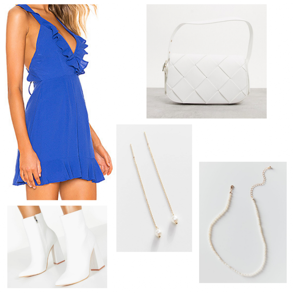 College outfit inspired by Michelle Obama: Blue ruffle dress, white boots, pearl jewelry