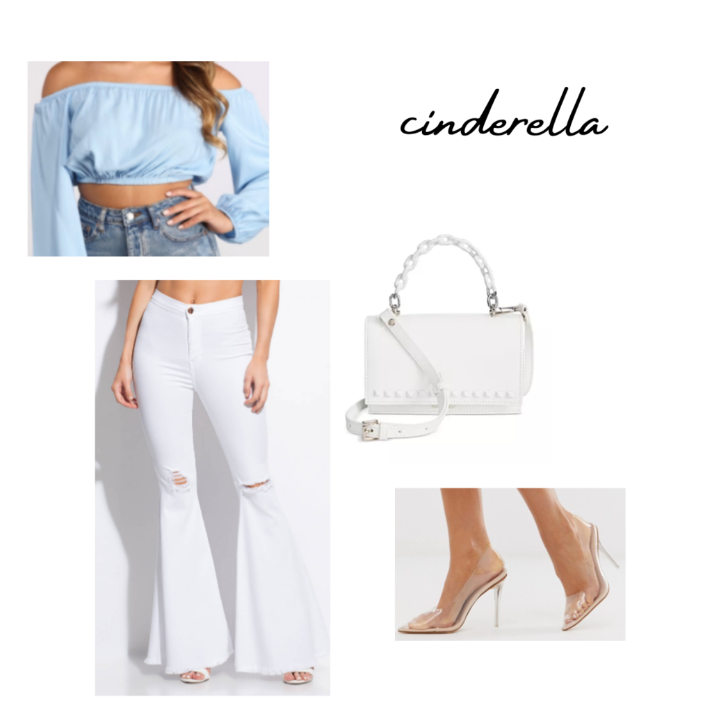 disney live action inspiration, cinderella fall outfit set: off-the-shoulder blue peasant top, white flare jeans, clear heels