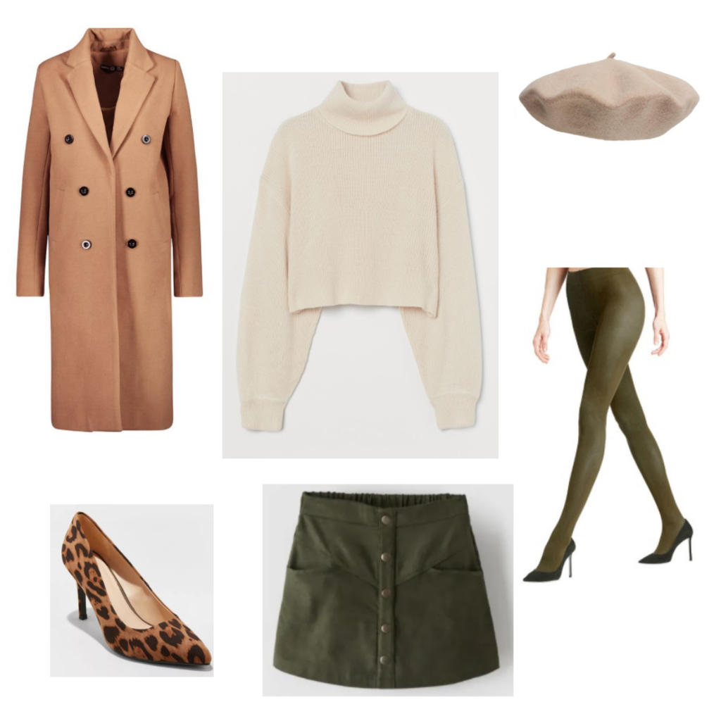 Outfit set 5: military green tights, denim skirt, cream sweater, long brown coat, leopard heels, beige beret