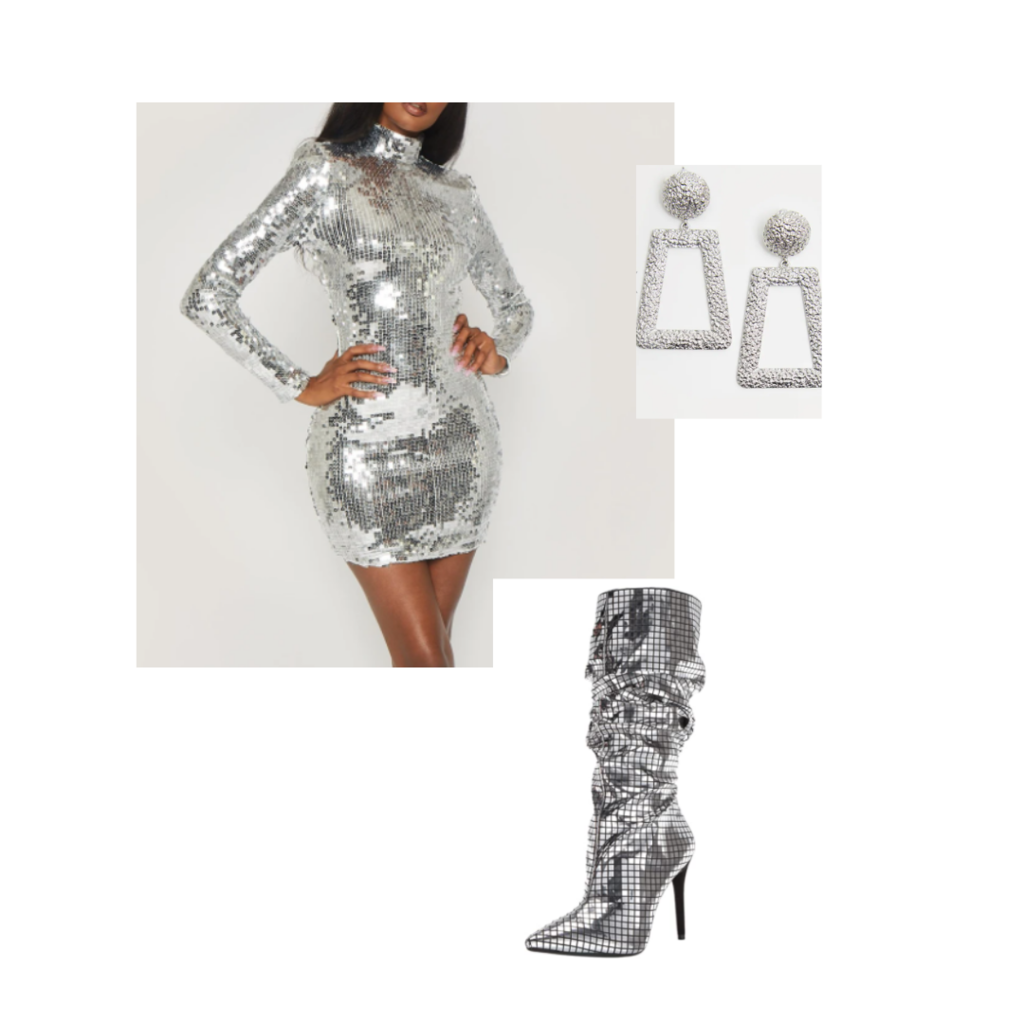 disco ball inspired outfit set: sequin dress, sequin boots