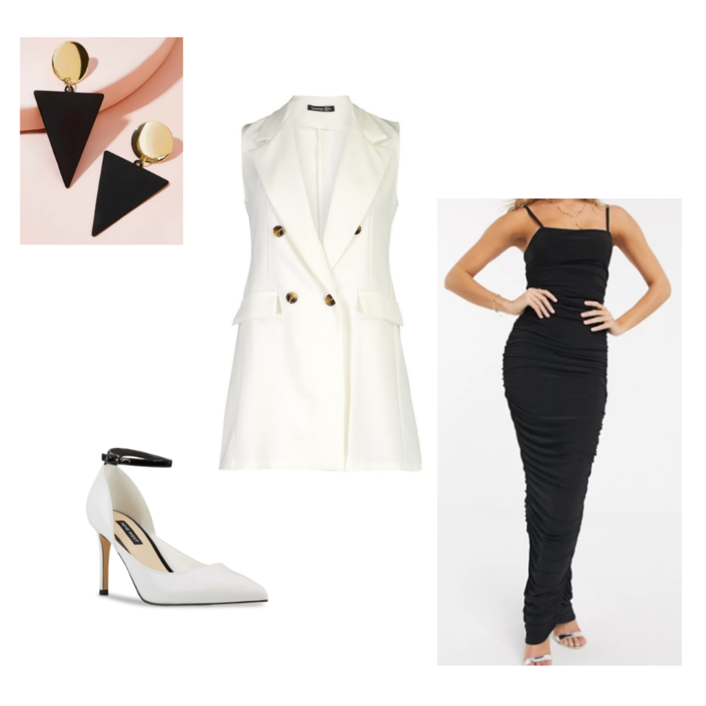 Desk to drinks look 4 - black bodycon maxi dress, white vest, pointy-toed pumps, black and gold earrings.