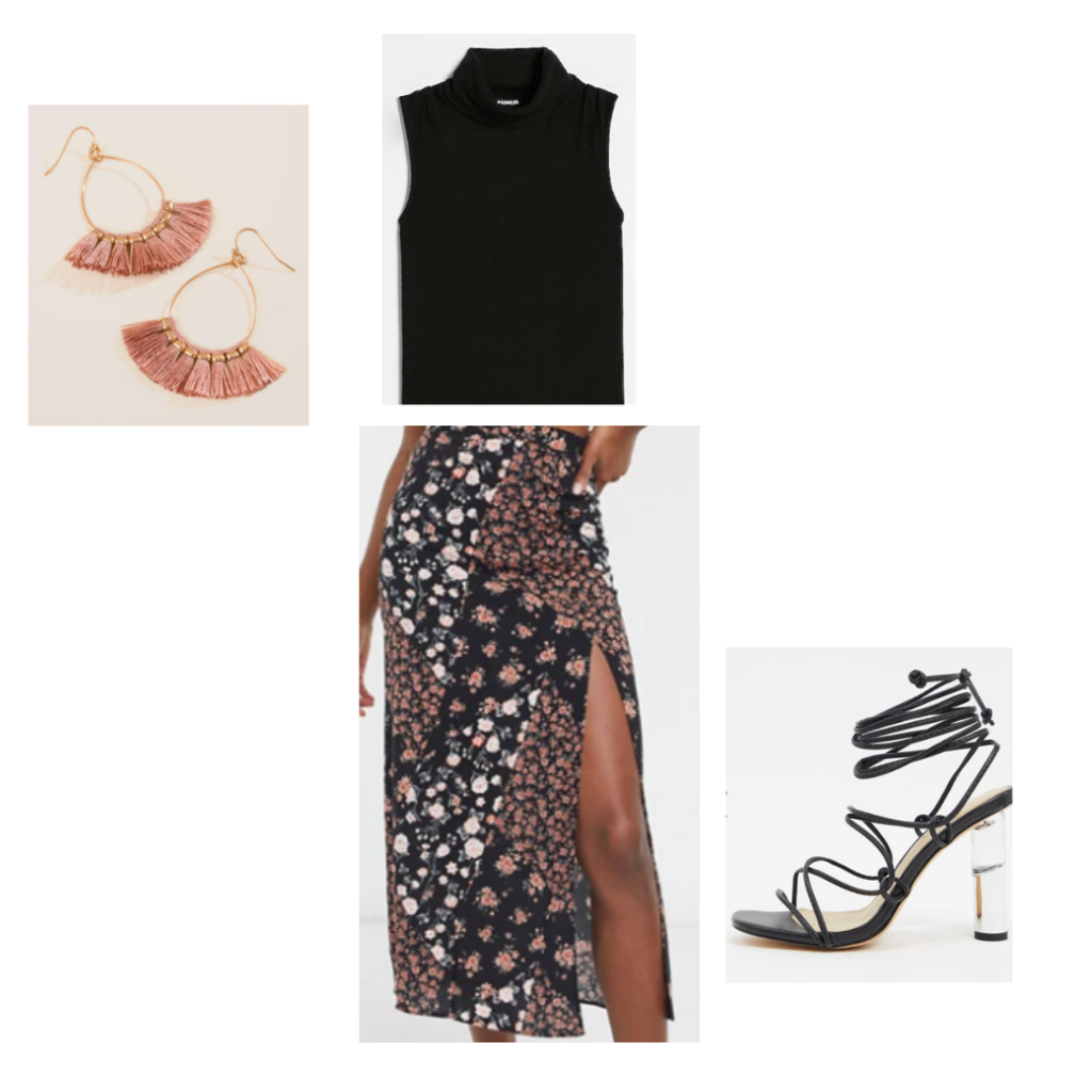 Desk to drinks look 2 - black sleeveless turtleneck, midi skirt with thigh slit, strappy black heels with lucite heel, rose fringe earrings