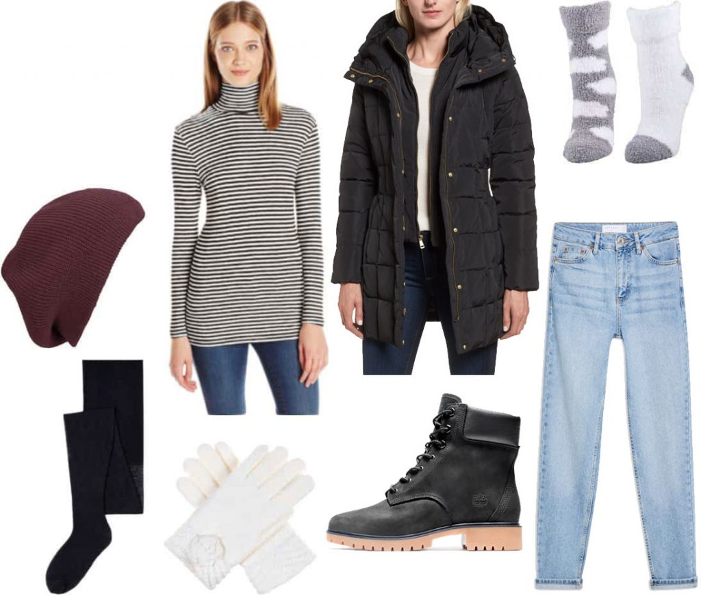 Frysing kaldt vær antrekk: Turtleneck, vattert puffer frakk, mamma jeans, pels foret sokker, fleece foret tights, hansker, strikk lue, chenile sokker 