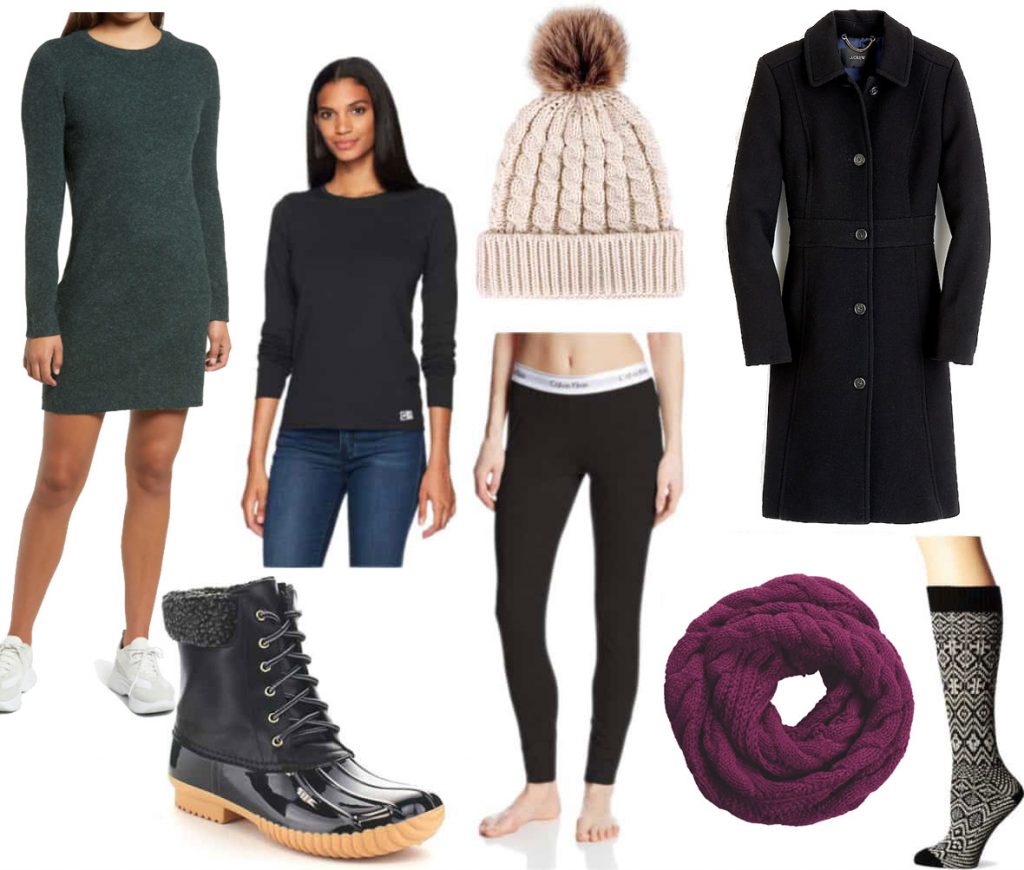 Freezing cold weather outfit: Ciemnozielony Sweter Sukienka, Długi Rękaw Czarny tee, czarne legginsy, czarne buty kaczki, Czapka Pom Pom beanie, czarny płaszcz wełniany, fioletowy szalik koło, skarpety fair isle