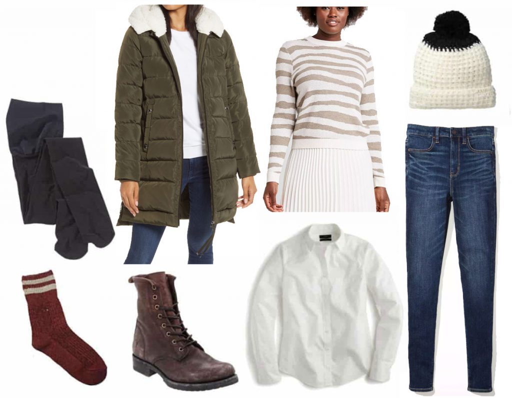 Atuendo para clima helado: Parka verde, suéter gráfico, sombrero con pompones, jeans ajustados, camisa blanca con botones, botas de combate, calcetines gruesos, medias forradas de lana