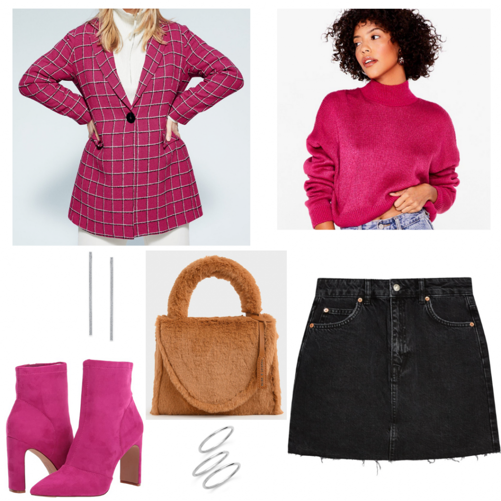 Emily in Paris outfit with fuchsia jacket, turtleneck sweater, pink boots, mini skirt, fuzzy bag, jewelry