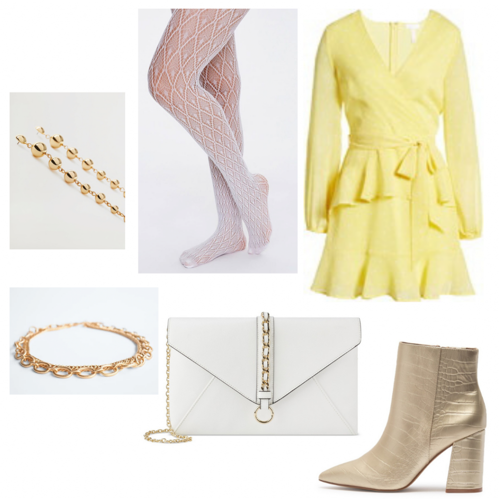 Michelle Obama outfit with yellow ruffle dress, gold metallic boots, white purse, gold jewelry