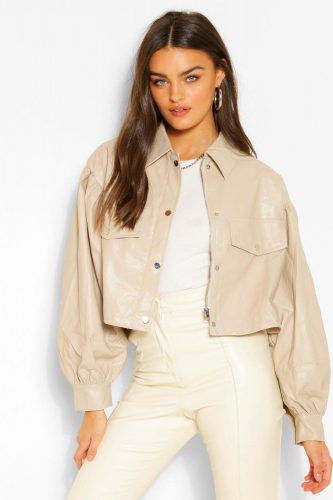 Boohoo Faux Leather Trucker Jacket in Stone