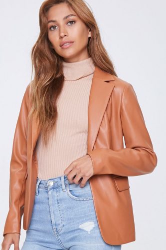 Forever 21 Camel Faux Leather Open Front Blazer