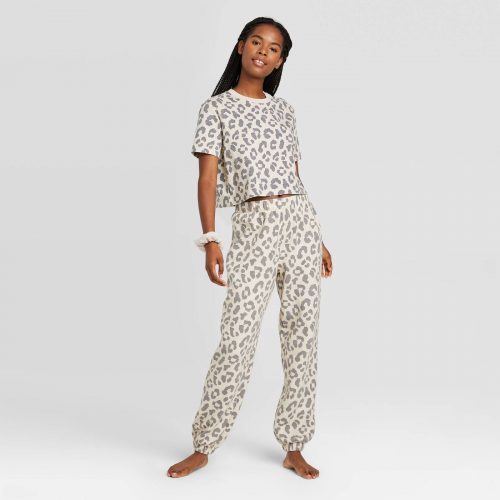 Target Leopard Print T-Shirt and Fleece Jogger Pants Set with Scrunchie