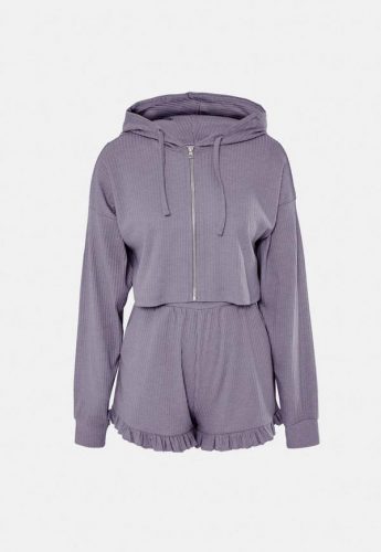 Missguided Soft Rib Hoodie and Frill Shorts Loungewear Set