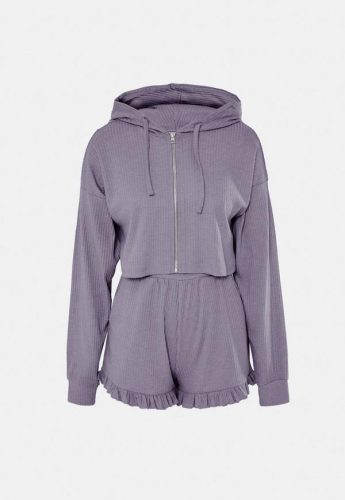 Missguided Soft Rib Hoodie and Frill Shorts Loungewear Set