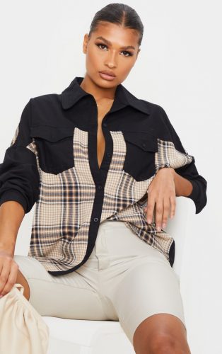 Pretty Little Thing Black Check Contrast Oversized Shirt