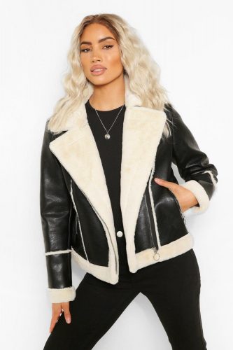 Boohoo Black Bonded Contrast Faux Fur Biker Jacket