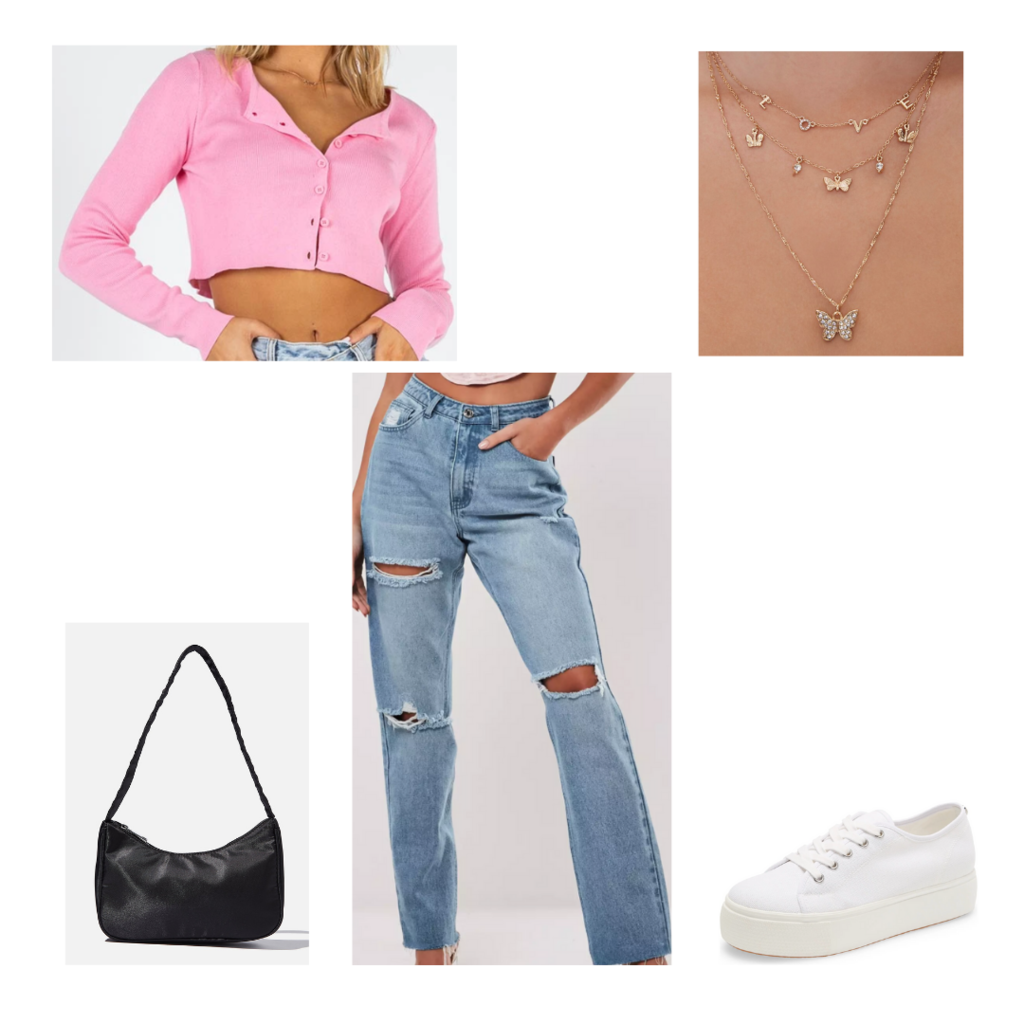 Lazy day outfit #3: Wide leg jeans, cropped cardigan, mini purse, butterfly necklace, platform sneakers