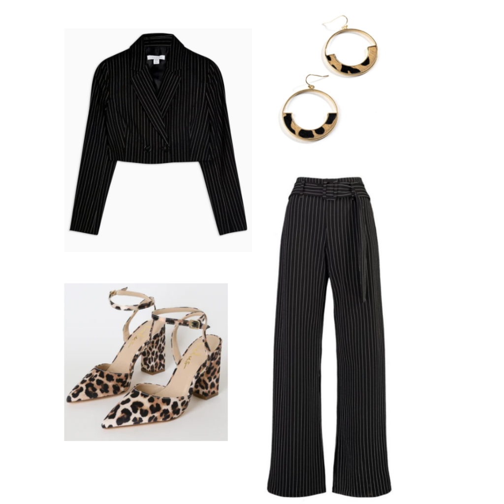 Happy hour outfit 3 - black pinstrip suit with cropped jacket, leopard print heels, gold leopard hoop earrings