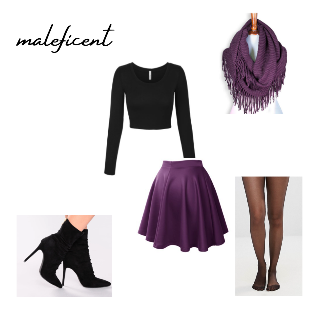 live-action disney movie inspired maleficent outit set: black long sleeve top, purple skirt, purple skirt, purple scarf, heeled booties