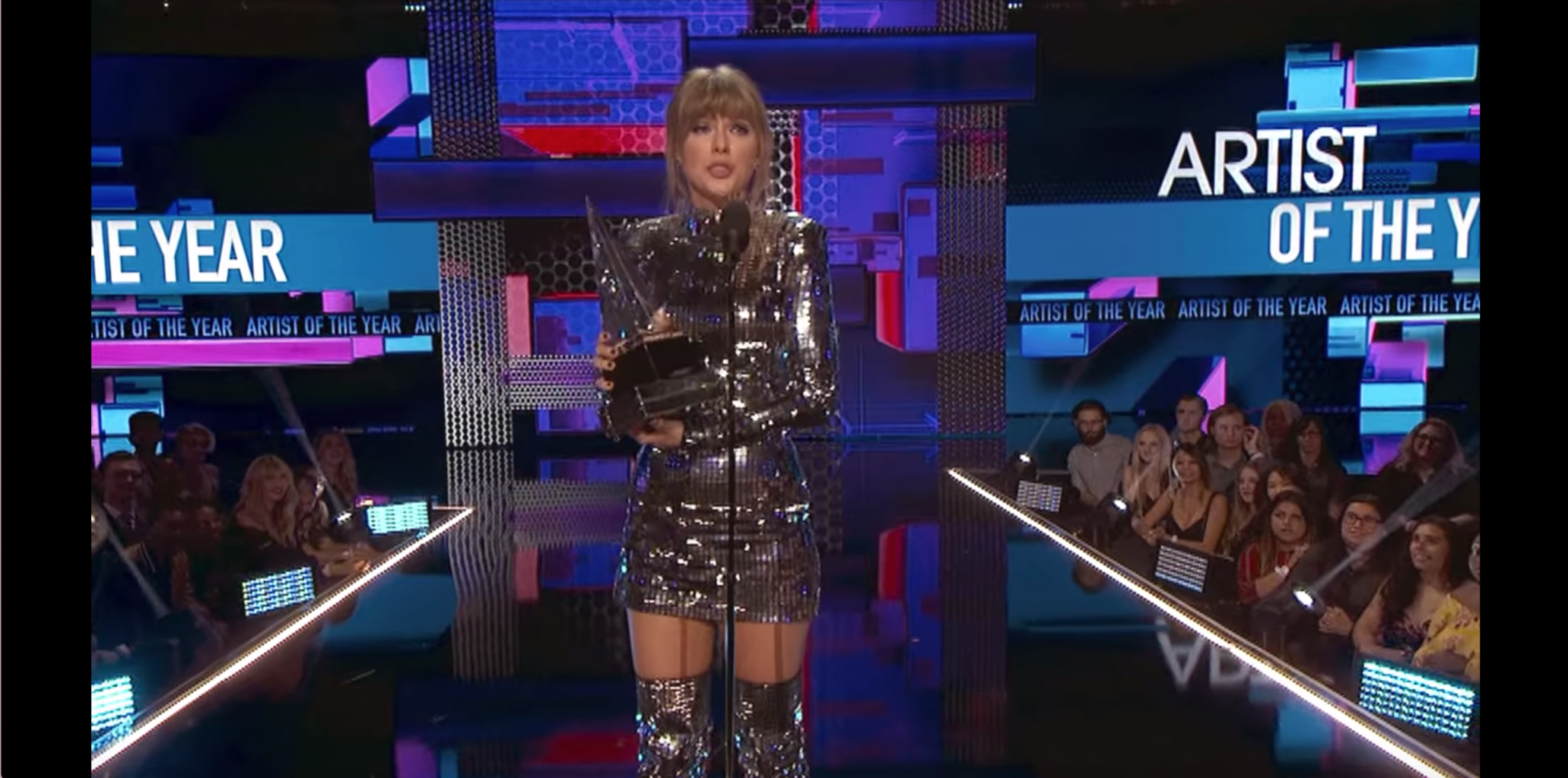 Taylor Swift Miss Americana outfit - Taylor winning Artist of the Year in her disco ball outfit