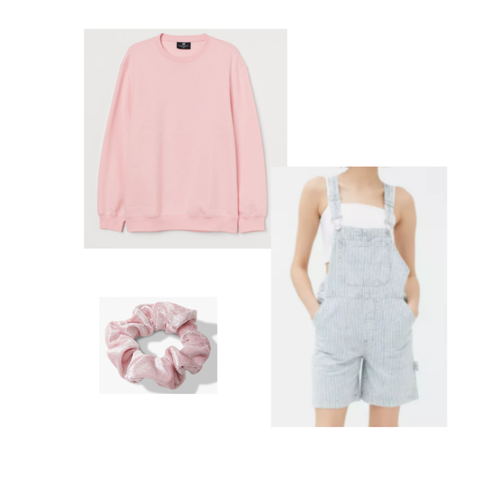 Taylor Swift in Miss Americana inspired outfit set: pastel pink sweatshirt, baggy short overalls, pink velvet scrunchie.