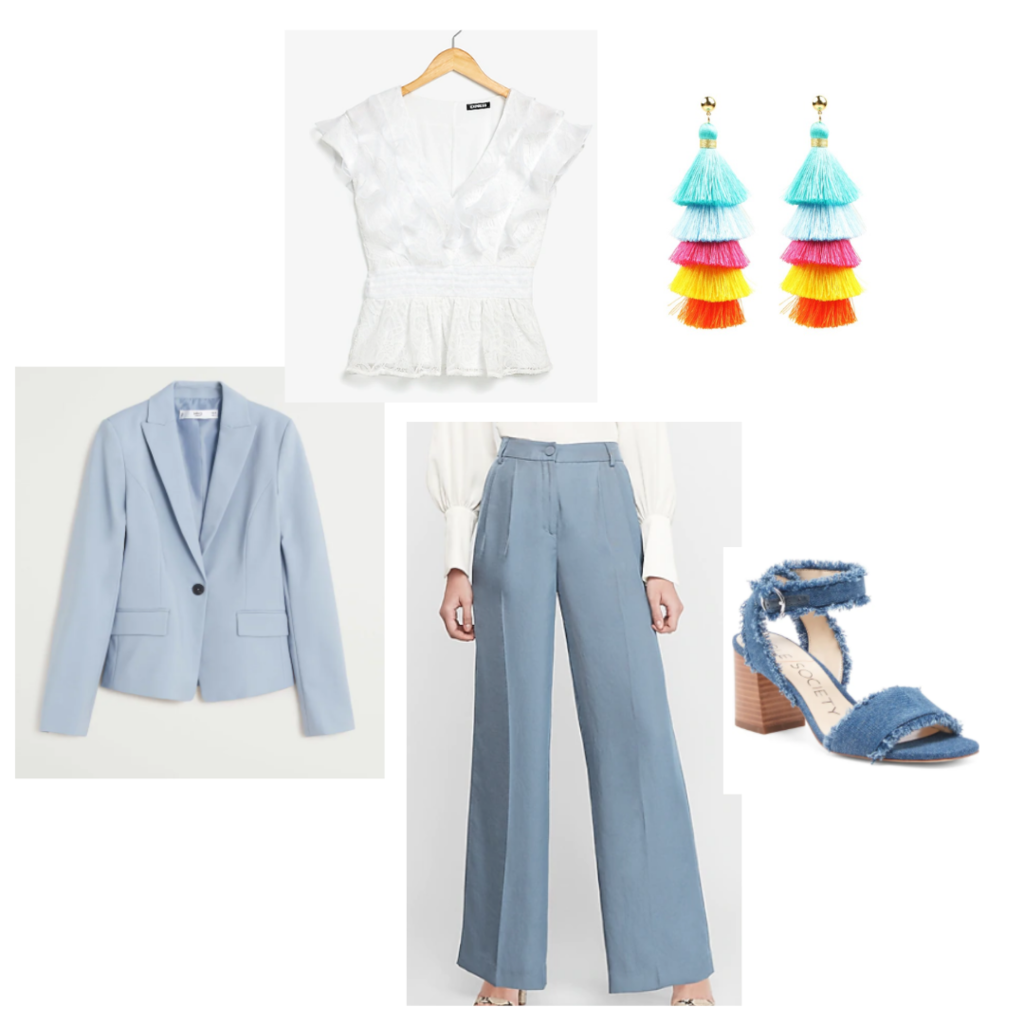 Happy hour outfit 5 - baby blue suit with wide leg pants, ruffled white blouse denim heels, bright fringe earrings