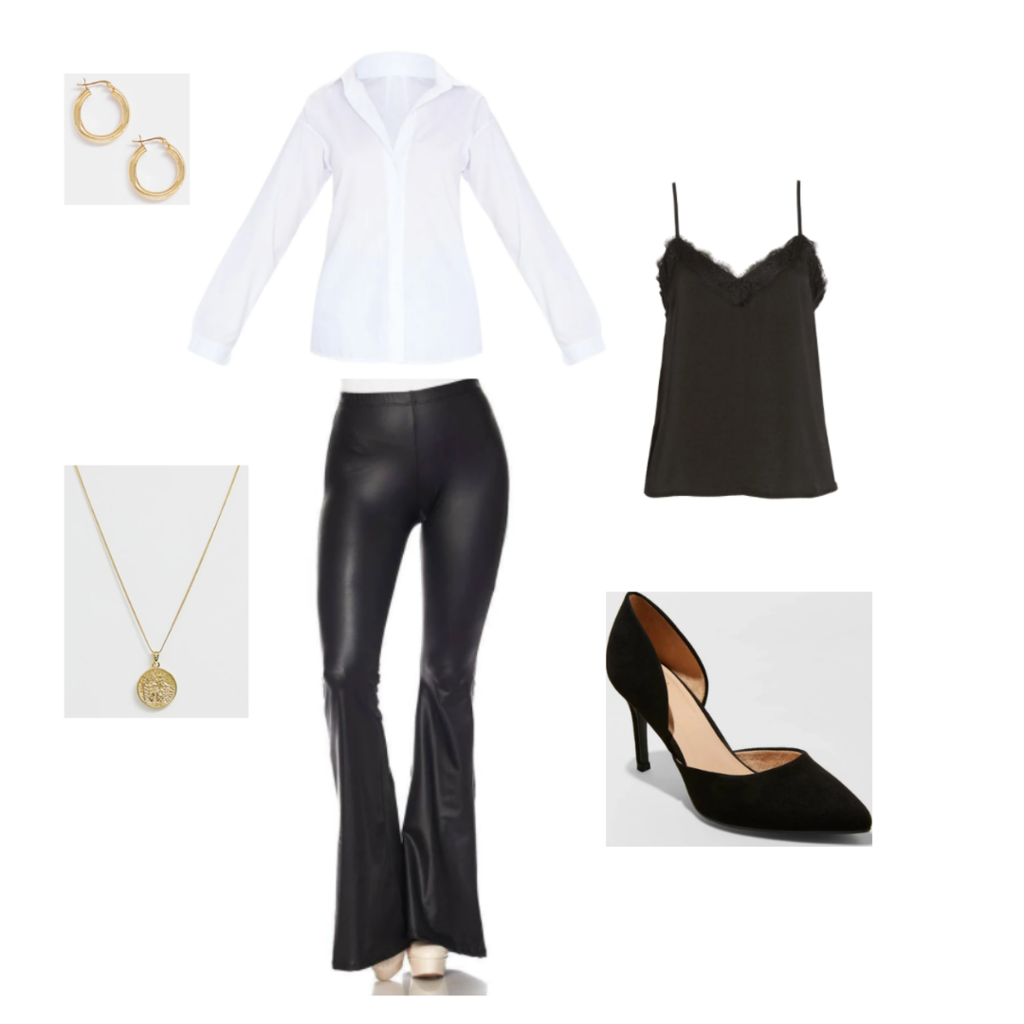 Happy hour outfit 1 - white button-up blouse, black faux leather pants, black lace cami, black pumps, simple gold jewelry.