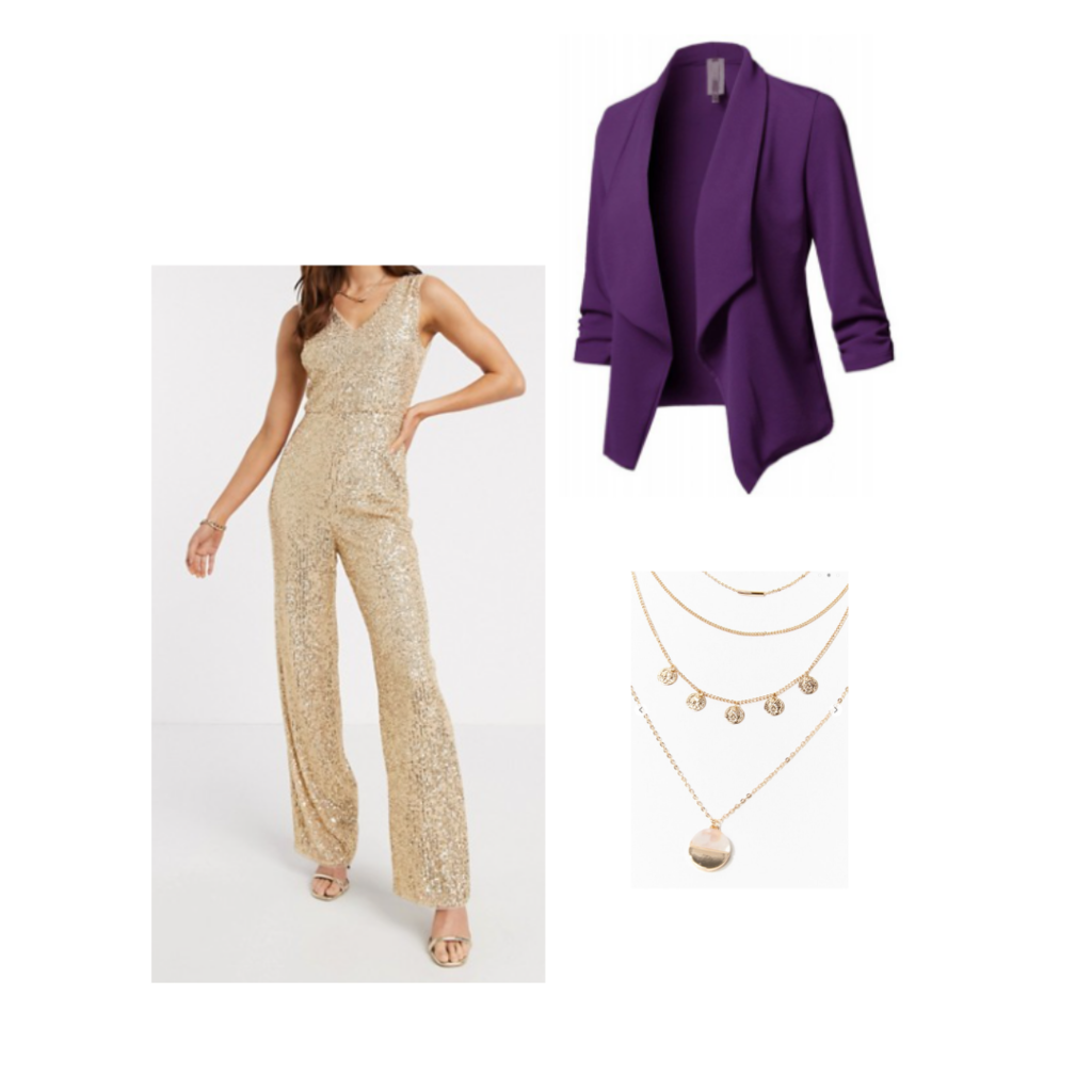 purple blazer outfit set, gold jumpsuit