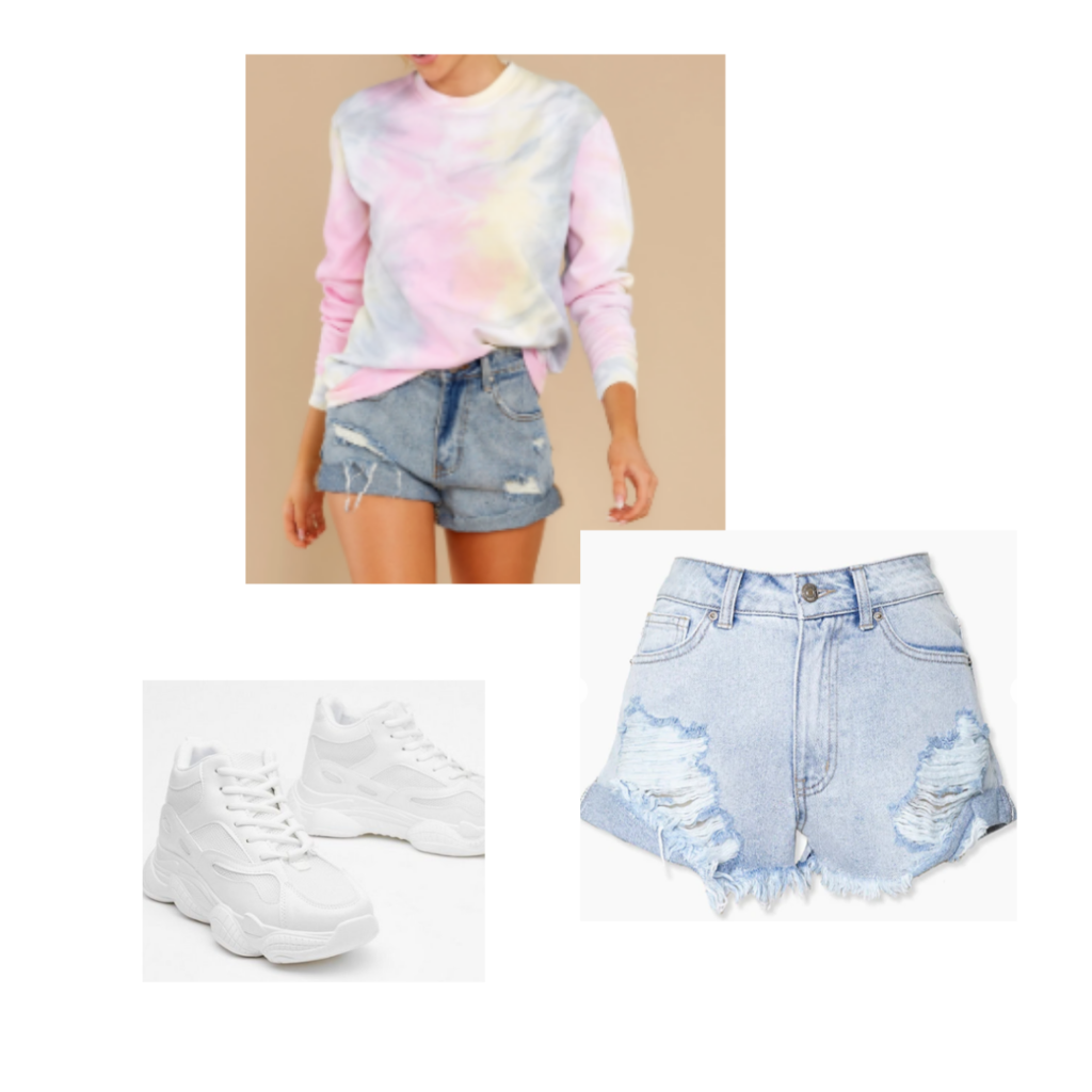 Miss Americana lover loungewear taylor swift inspired outfit set: light tie dye sweater, distressed denim shorts, white sneakers